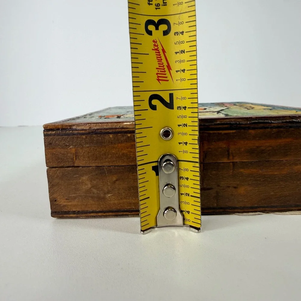 Hand Painted Wooden Trinket Box Coastal Village Scene Nautical Art vintage